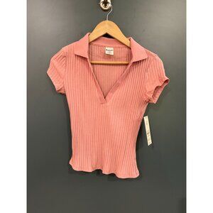 NEW No Boundaries Womens Ribbed Pink Johnny Collar Polo Shirt S (4-6)